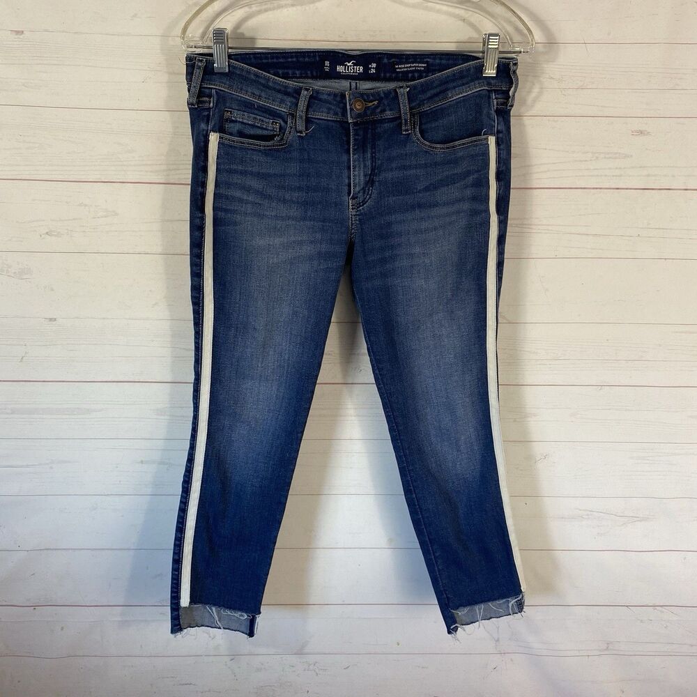Hollister Womens Low-Rise Crop Super Skinny Jeans Sz 11 Short Blue Side Stripe